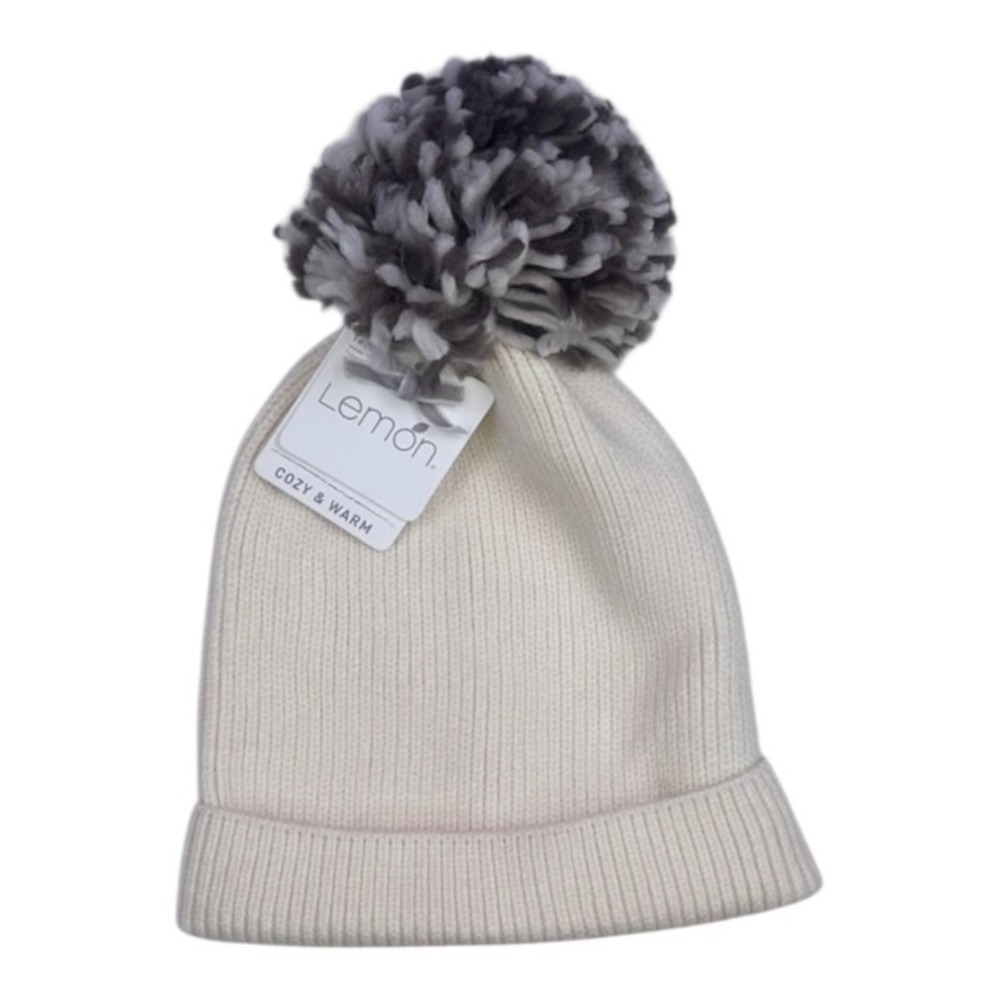 Lemon Cream Ribbed Knit Pom Beanie Hat One Size NWT‎